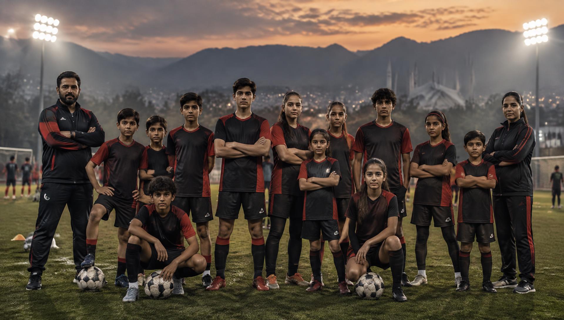 Young footballers and coaches on the pitch in Islamabad